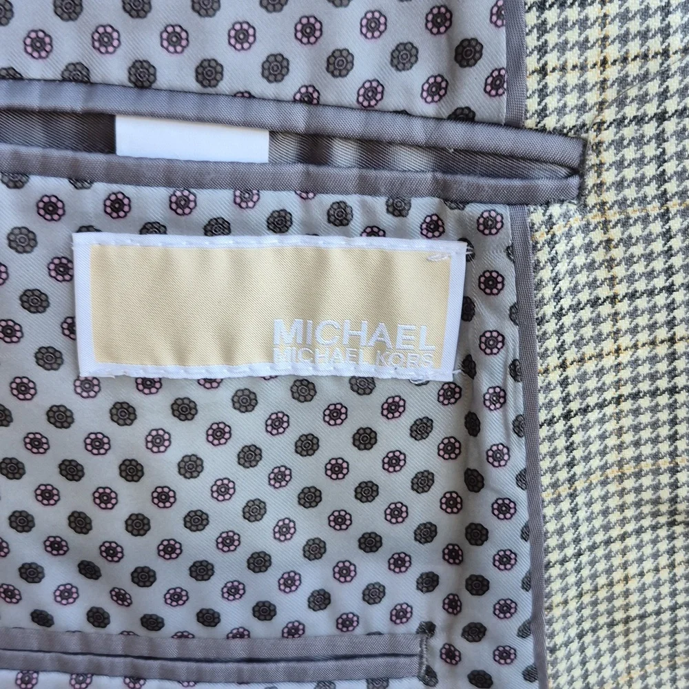 MICHAEL KORS Beige Grey Tan Plaid Wool Silk‎ Mens Sz 44 L Sport Coat Blazer